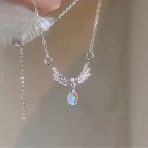 Silver Crystal Angel Wing Necklace With 2" Extender,  NWT